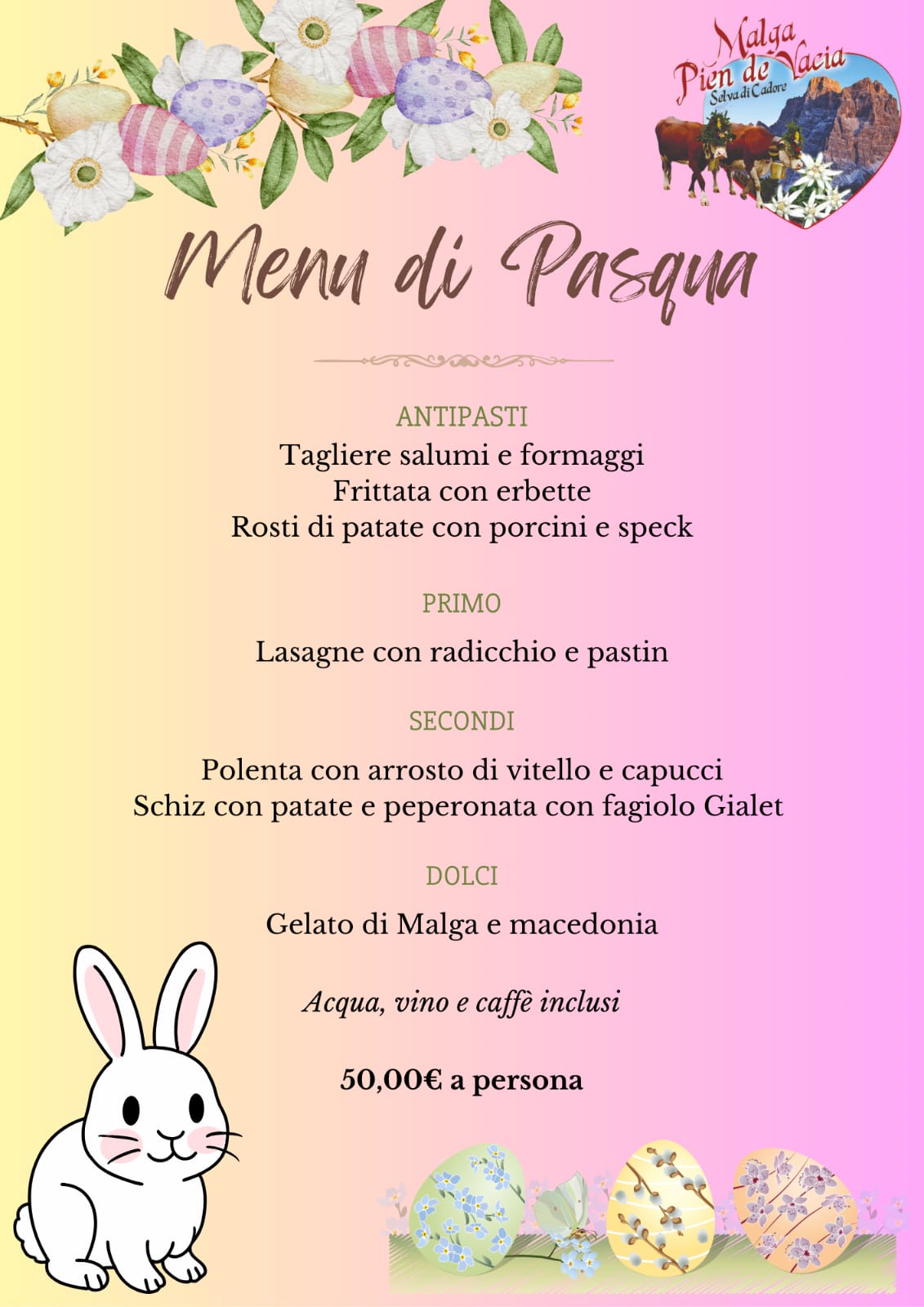 Menu'di Pasqua 2026 in Malga Pien de Vacia 